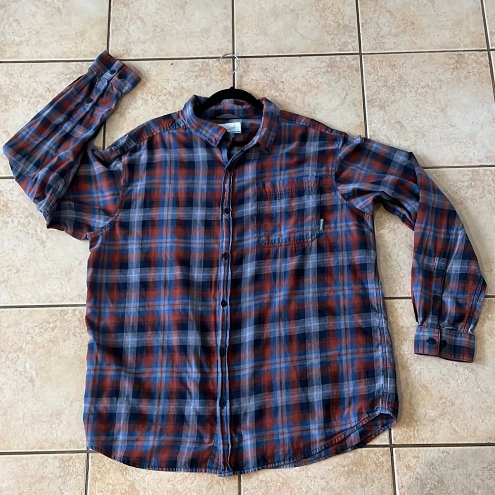 Columbia Blue & Orange Plaid Long‎ Sleeve Button Down, Sz XL